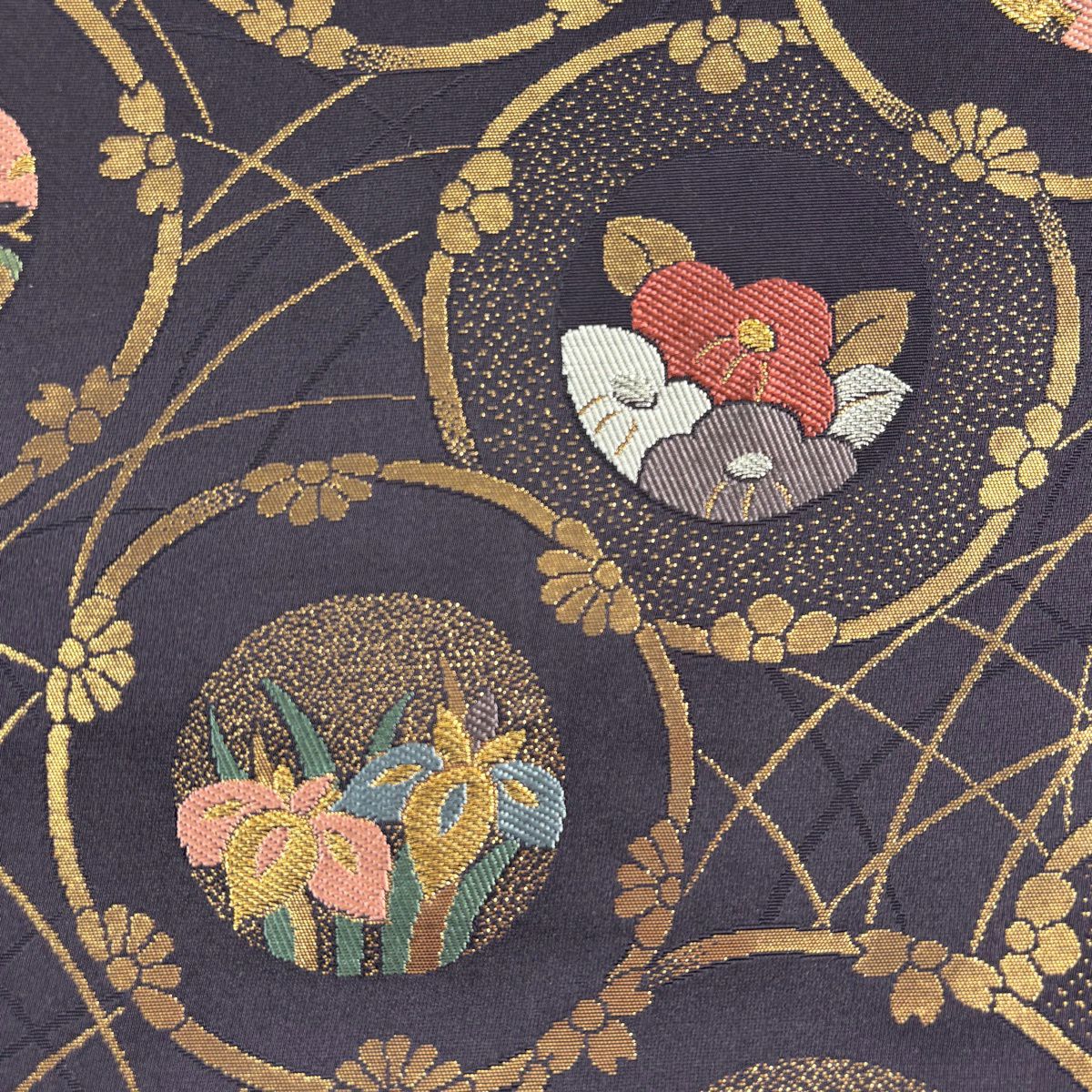 【美品】 名古屋帶 秀品級 松樹竹子梅花 圓文 金銀絲 金金箔 深紫 純蠶絲