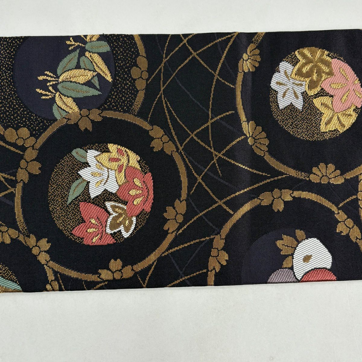 【美品】 名古屋帶 秀品級 松樹竹子梅花 圓文 金銀絲 金金箔 深紫 純蠶絲