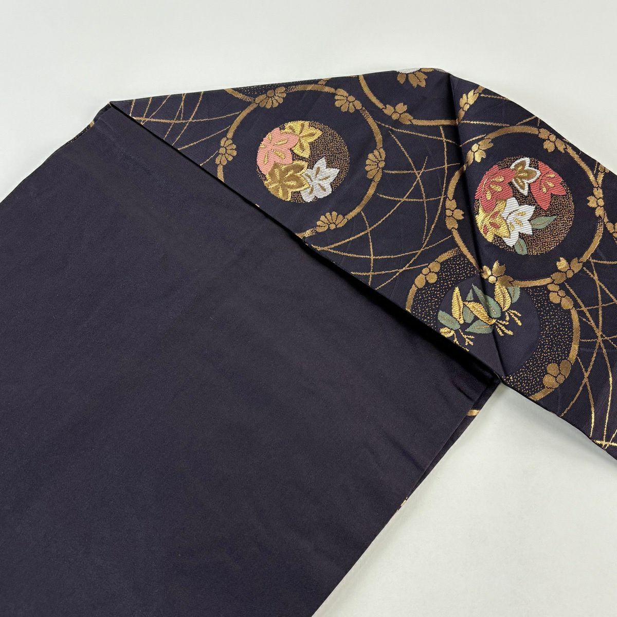 【美品】 名古屋帶 秀品級 松樹竹子梅花 圓文 金銀絲 金金箔 深紫 純蠶絲