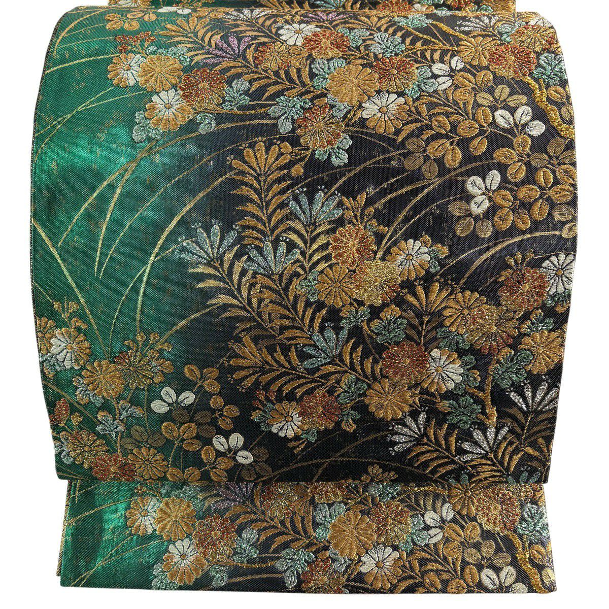 【美品】 袋帶 優品級 振袖禮服禮服用 菊花花 萩花 金絲 金金箔 綠色 六通 純蠶絲