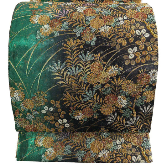 【美品】 袋帶 優品級 振袖禮服禮服用 菊花花 萩花 金絲 金金箔 綠色 六通 純蠶絲