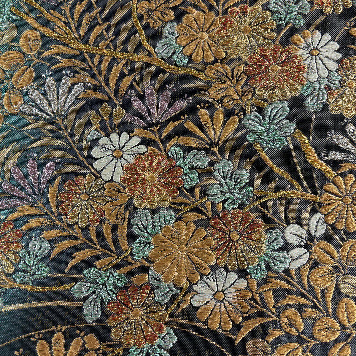 【美品】 袋帶 優品級 振袖禮服禮服用 菊花花 萩花 金絲 金金箔 綠色 六通 純蠶絲
