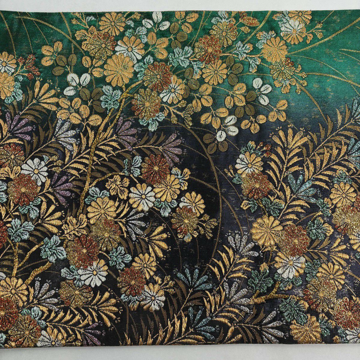【美品】 袋帶 優品級 振袖禮服禮服用 菊花花 萩花 金絲 金金箔 綠色 六通 純蠶絲