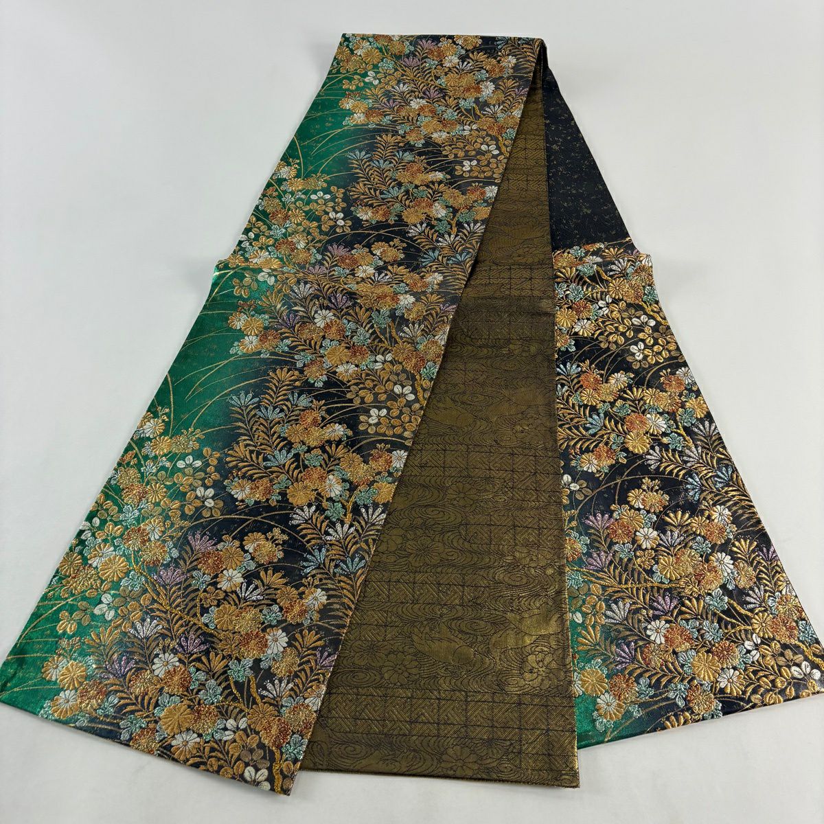 【美品】 袋帶 優品級 振袖禮服禮服用 菊花花 萩花 金絲 金金箔 綠色 六通 純蠶絲
