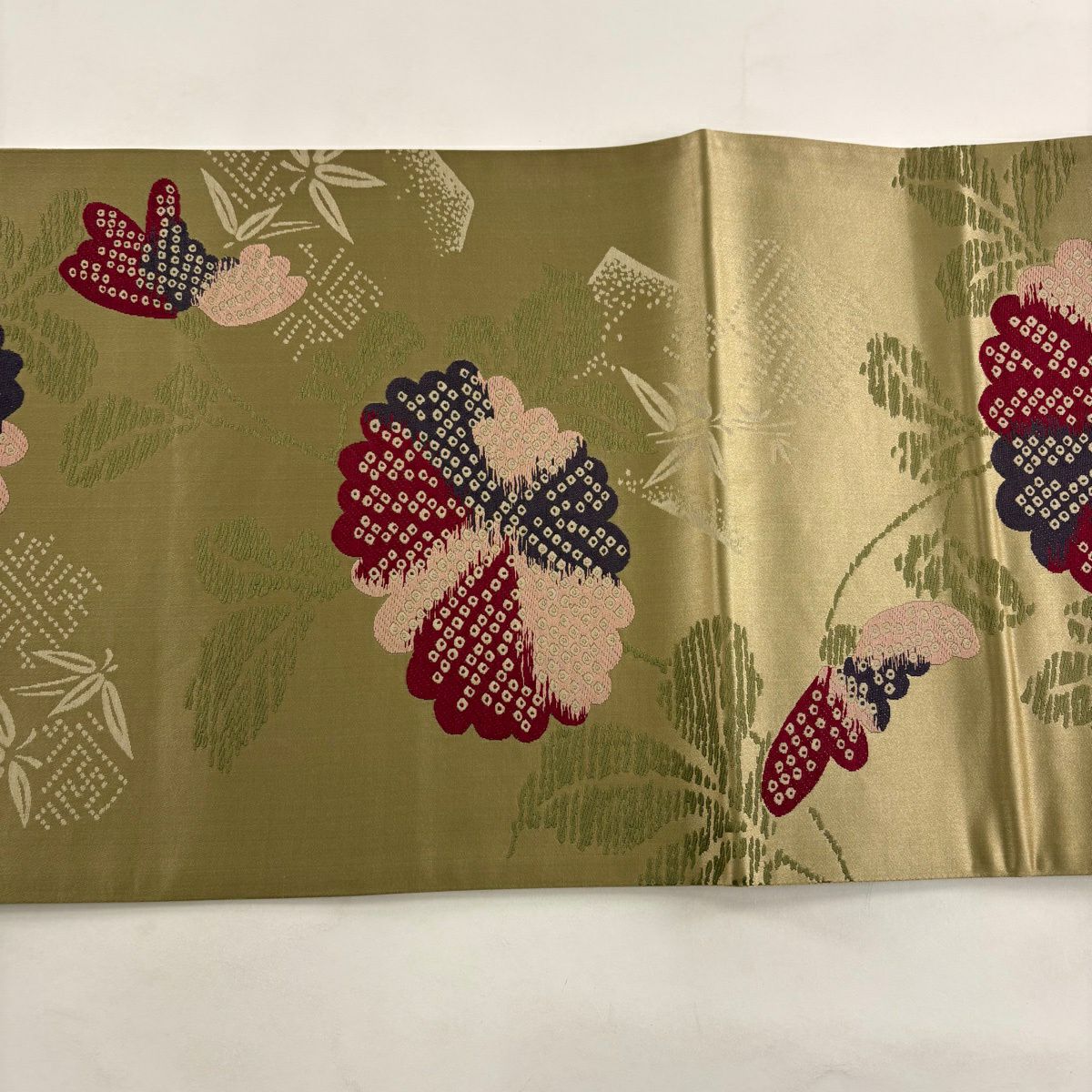 袋帶 秀品級 菊花花 刺繡 灰綠 六通 純蠶絲