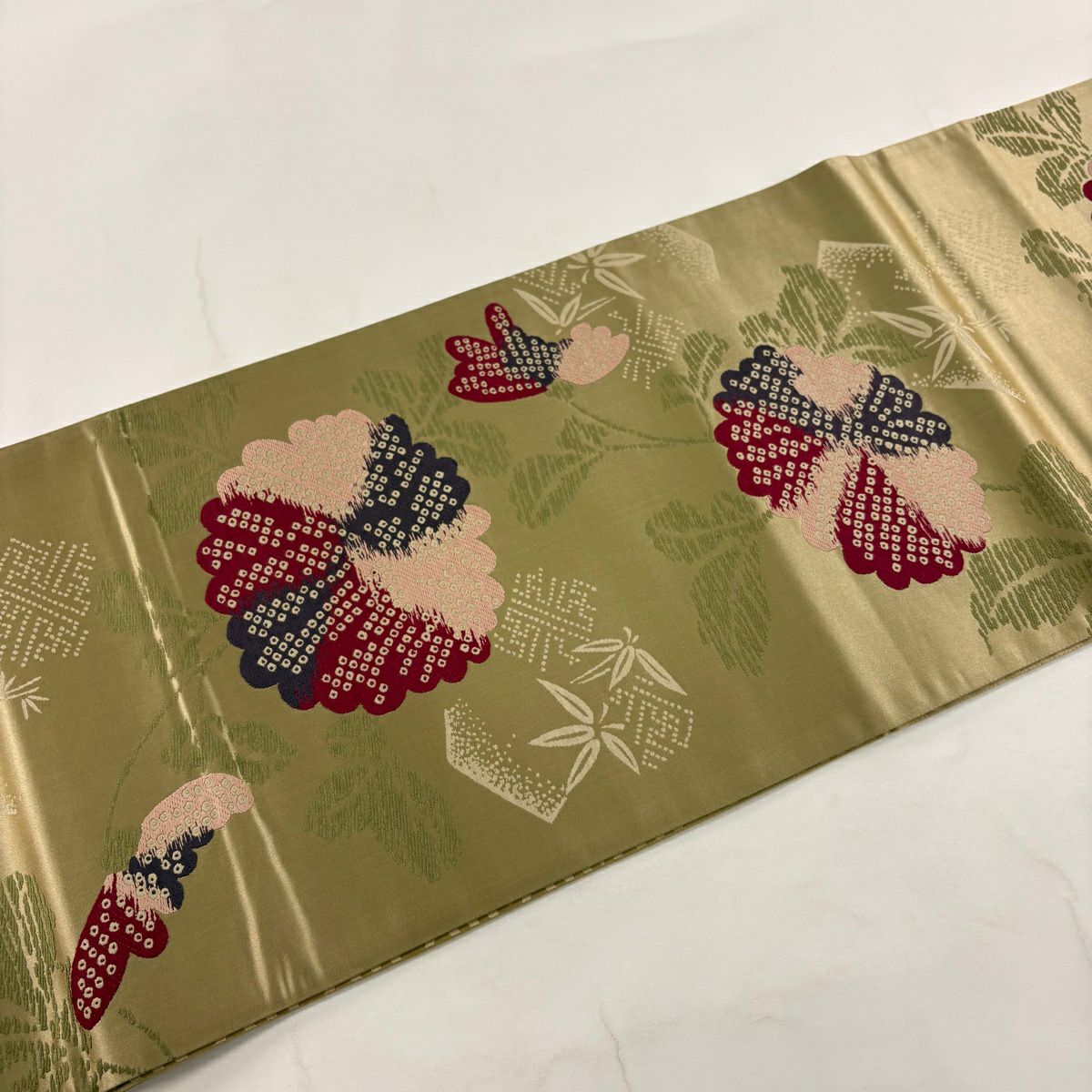 袋帶 秀品級 菊花花 刺繡 灰綠 六通 純蠶絲