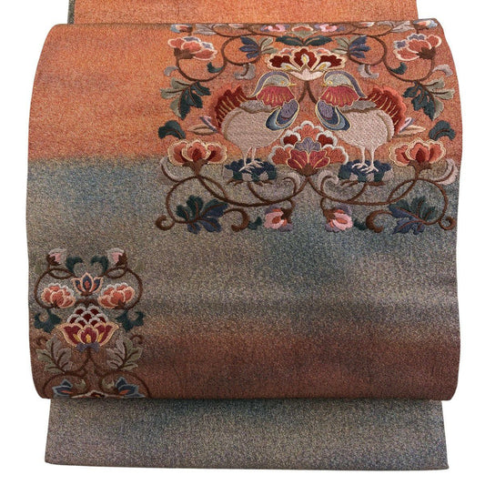 袋帶 秀品級 向鳥 花唐草紋 刺繡 金絲 紅茶 大鼓圖案 純蠶絲