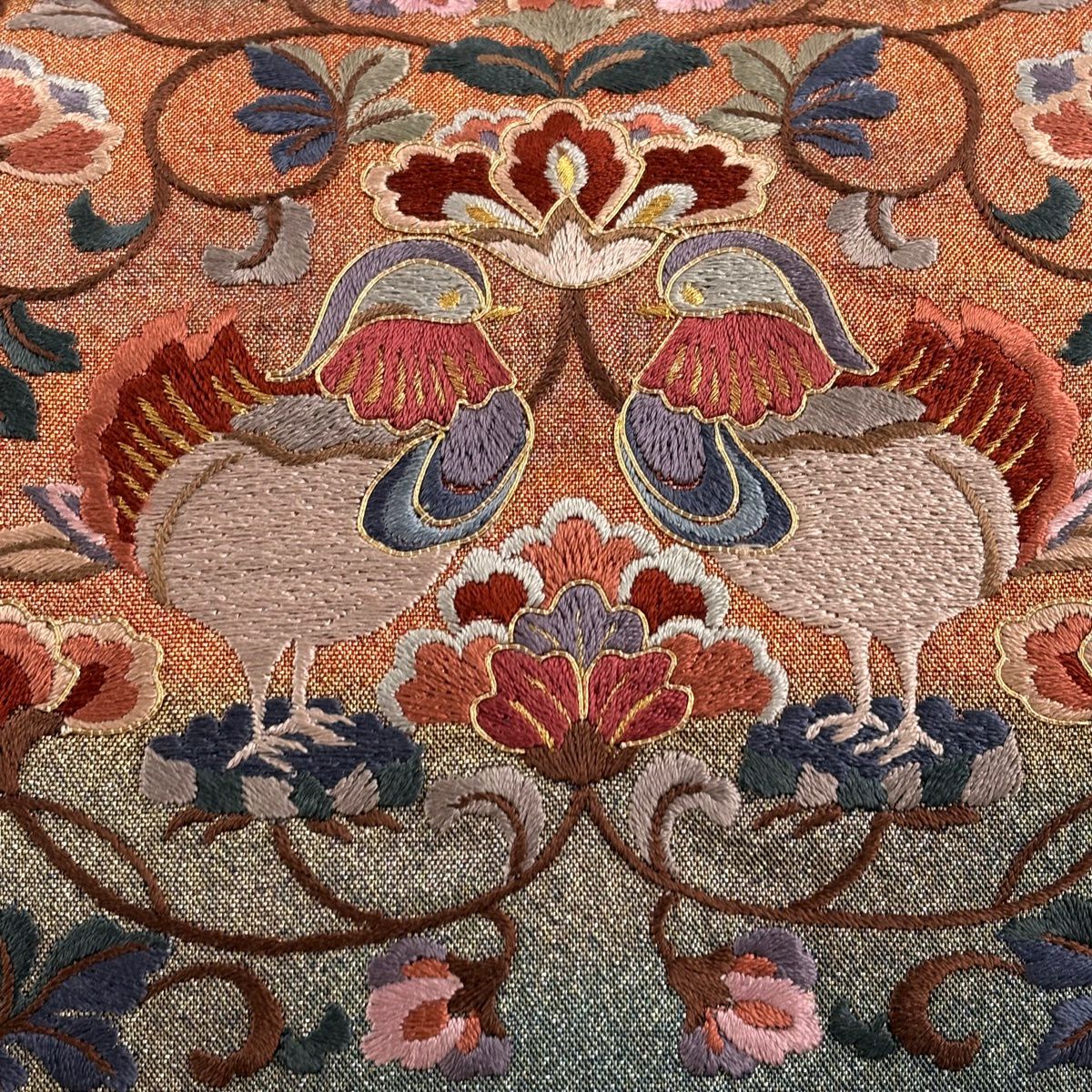 袋帶 秀品級 向鳥 花唐草紋 刺繡 金絲 紅茶 大鼓圖案 純蠶絲