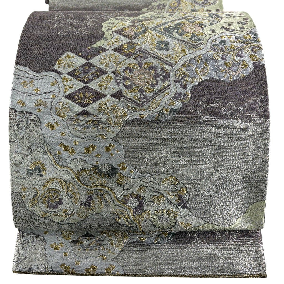 【美品】 袋帶 秀品級 花菱 道長取 金絲 淺灰紫 六通 純蠶絲
