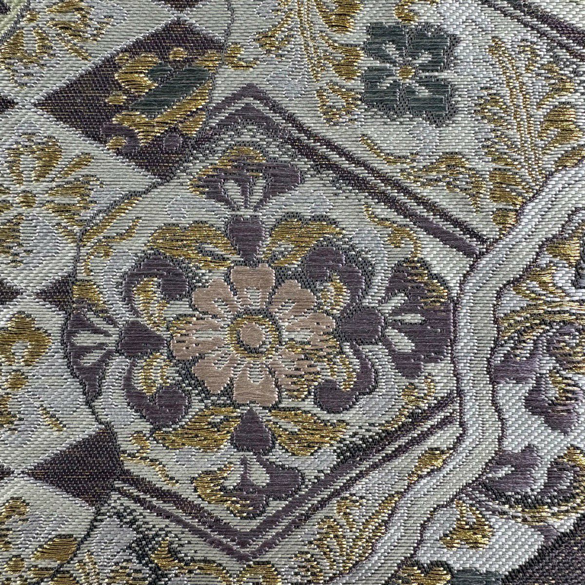 【美品】 袋帶 秀品級 花菱 道長取 金絲 淺灰紫 六通 純蠶絲