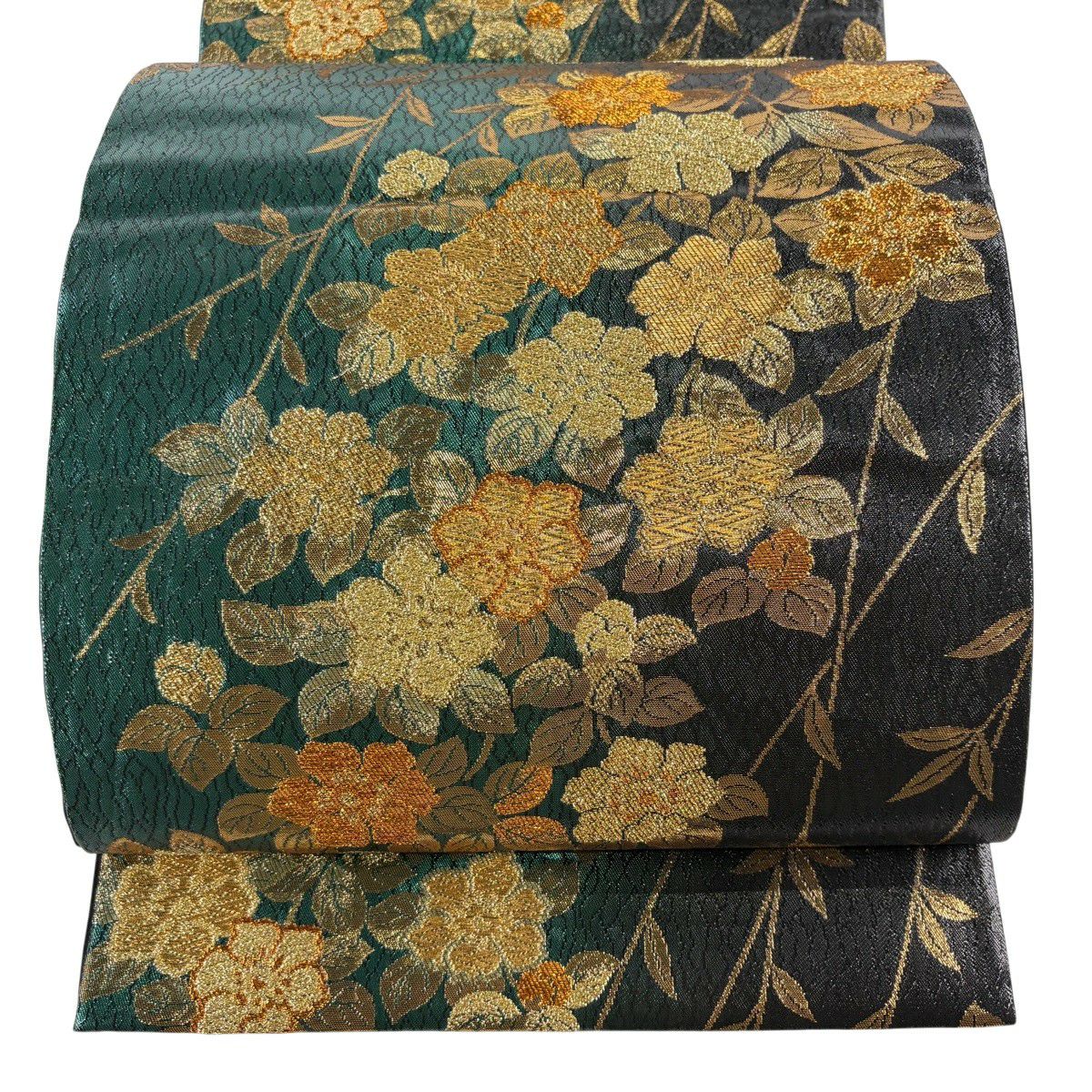 【美品】 袋帶 秀品級 枝花 幾何圖案 金金箔 金絲 深綠 六通 純蠶絲