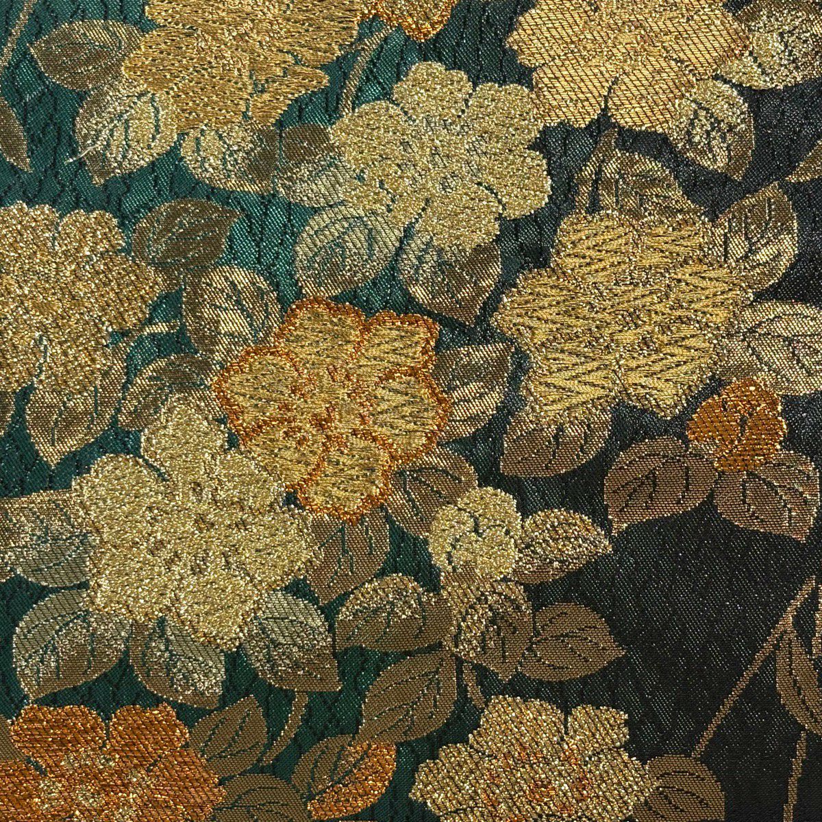 【美品】 袋帶 秀品級 枝花 幾何圖案 金金箔 金絲 深綠 六通 純蠶絲