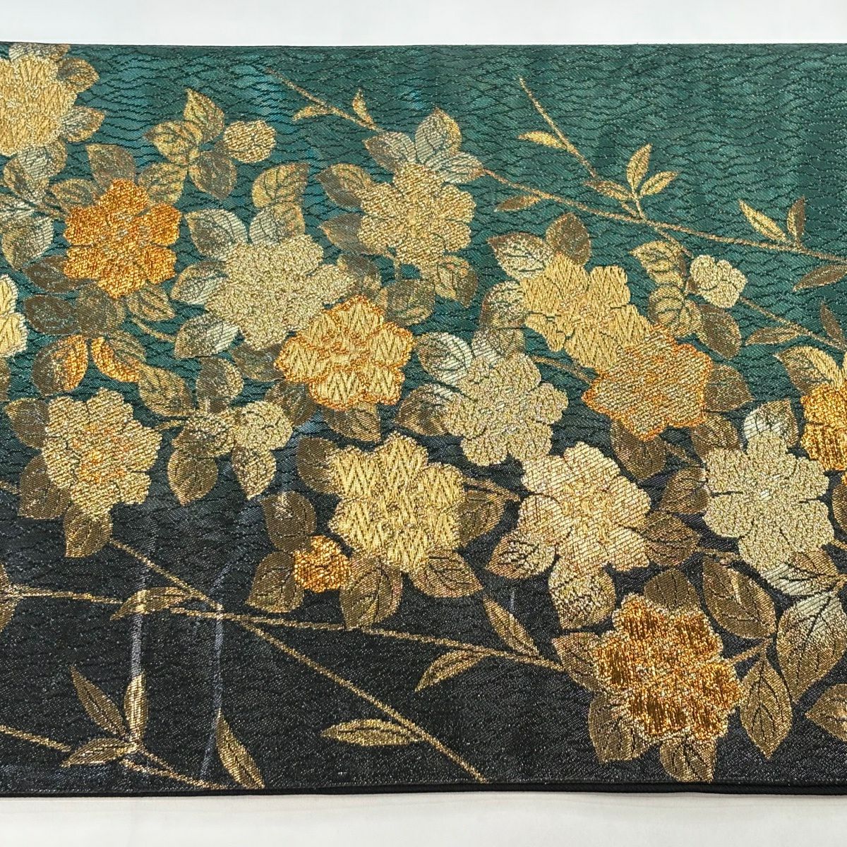 【美品】 袋帶 秀品級 枝花 幾何圖案 金金箔 金絲 深綠 六通 純蠶絲