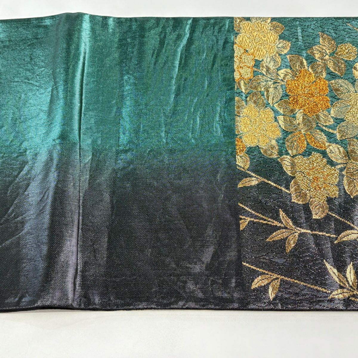 【美品】 袋帶 秀品級 枝花 幾何圖案 金金箔 金絲 深綠 六通 純蠶絲