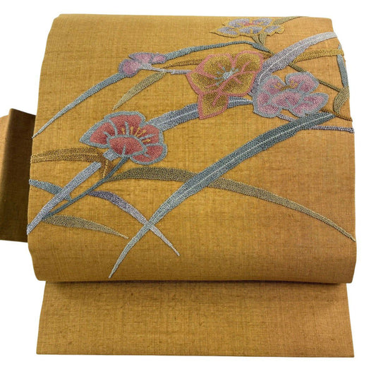 名古屋帶 秀品級 紬織織 草花紋紋 刺繡 山吹茶 純蠶絲