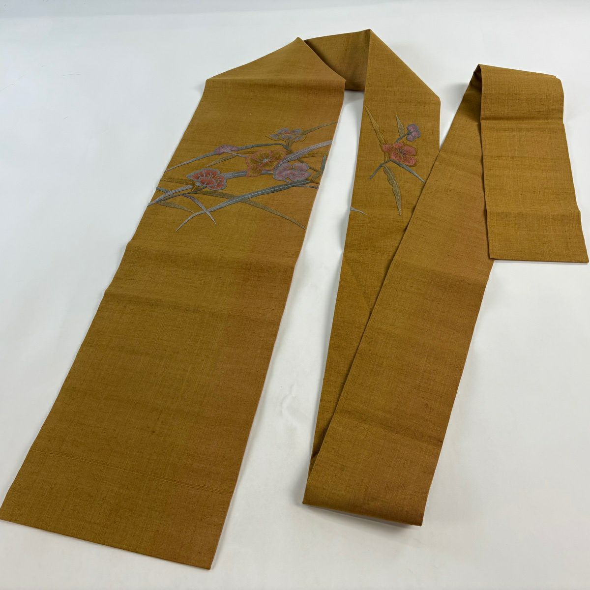 名古屋帶 秀品級 紬織織 草花紋紋 刺繡 山吹茶 純蠶絲