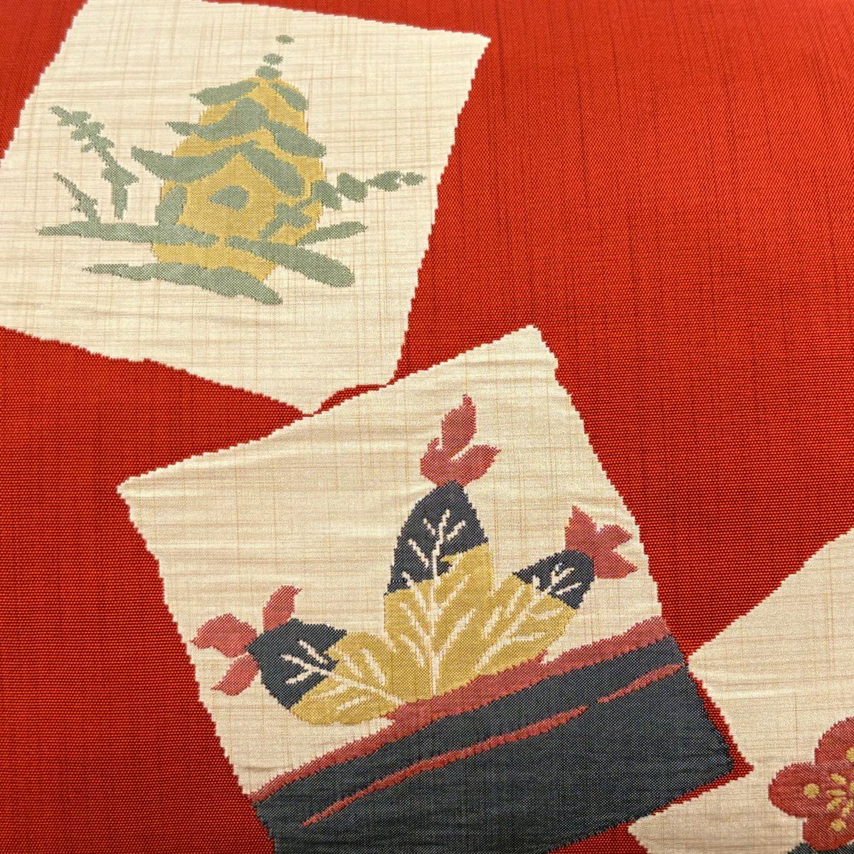 【美品】 袋帶 秀品級 紬織織 色紙 梅花 紅 六通 純蠶絲