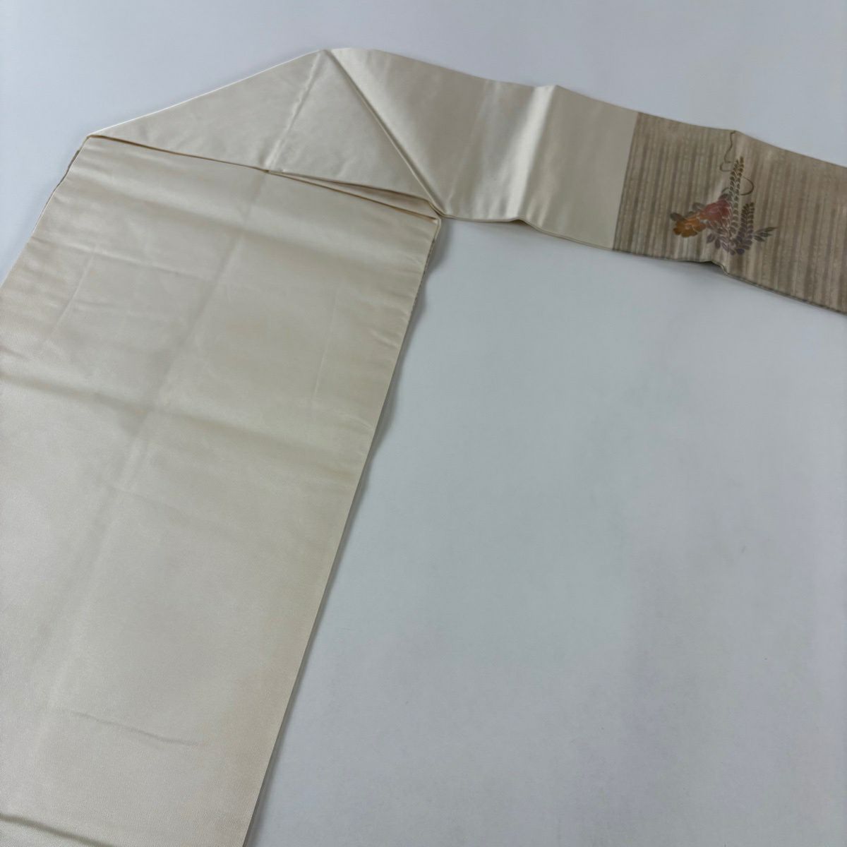 名古屋帶 優品級 條紋 草花紋紋 螺鈿 金銀彩 奶油色 純蠶絲