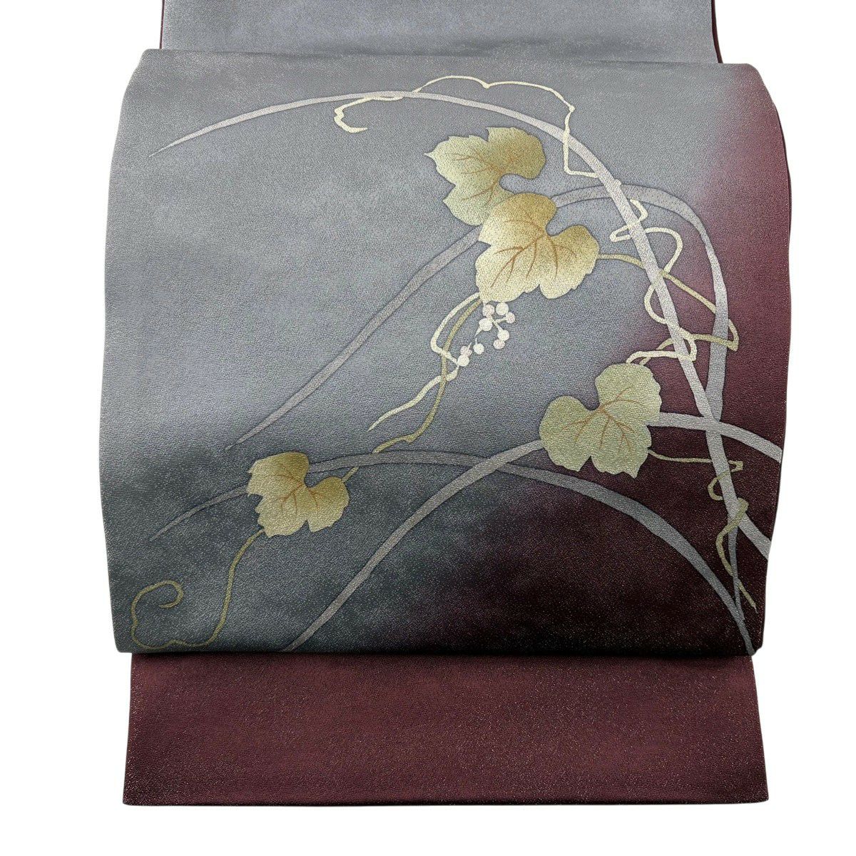 【美品】 袋帶 秀品級 葉紋 實 銀通 褪色 紅紫 大鼓紋 純蠶絲