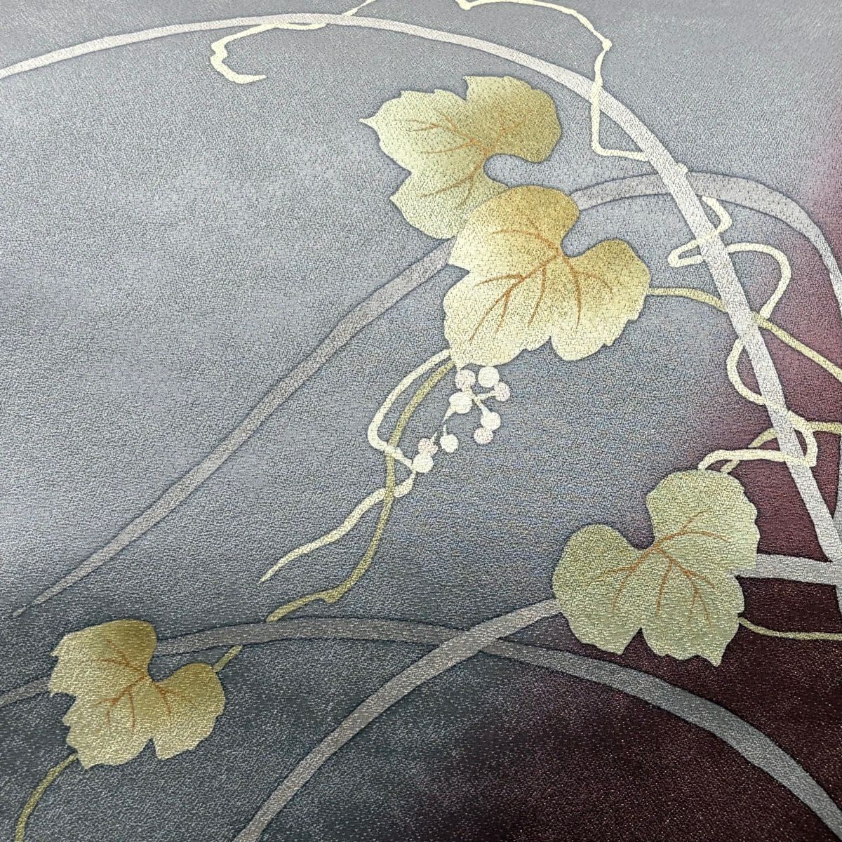 【美品】 袋帶 秀品級 葉紋 實 銀通 褪色 紅紫 大鼓紋 純蠶絲