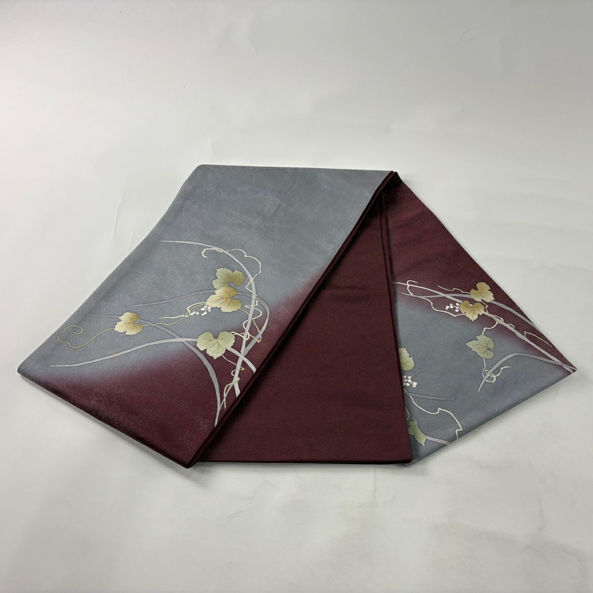 【美品】 袋帶 秀品級 葉紋 實 銀通 褪色 紅紫 大鼓紋 純蠶絲