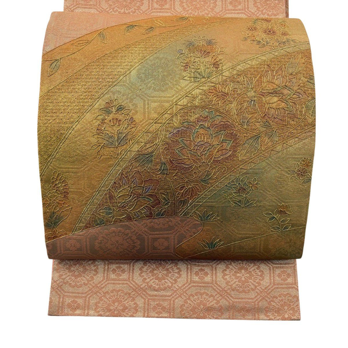 【美品】 袋帶 秀品級 草花紋紋 霞 刺繡 金彩裝飾 淺橙色 大鼓圖案 純蠶絲