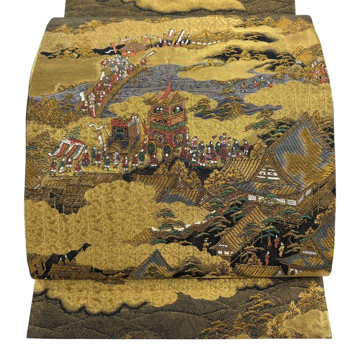 【美品】 袋帶 秀品級 山鉾 建築 金金箔 金絲 金色 大鼓圖案 純蠶絲