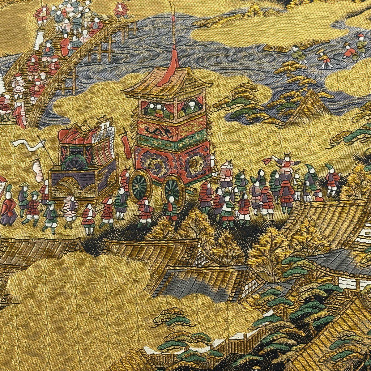 【美品】 袋帶 秀品級 山鉾 建築 金金箔 金絲 金色 大鼓圖案 純蠶絲
