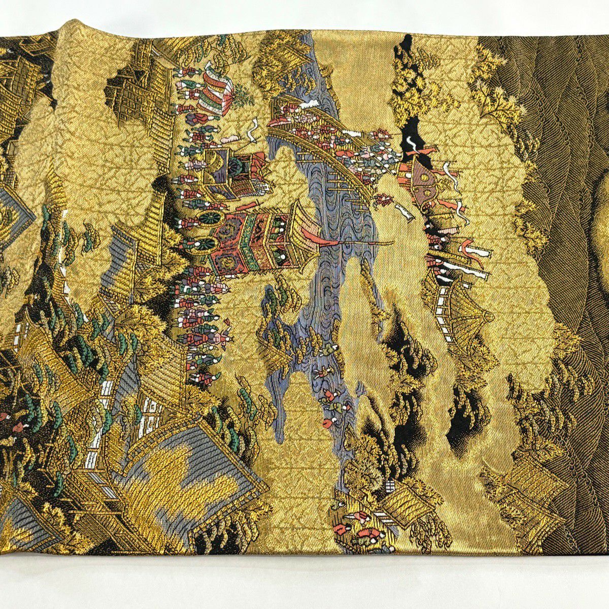 【美品】 袋帶 秀品級 山鉾 建築 金金箔 金絲 金色 大鼓圖案 純蠶絲