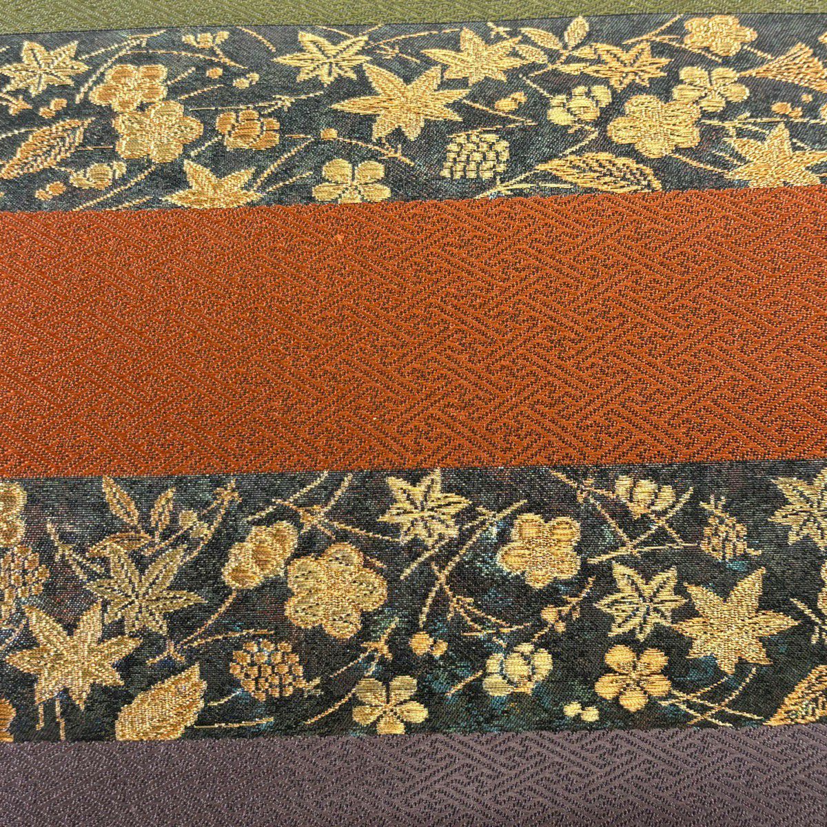 【美品】 袋帶 秀品級 吹寄 段紋 金絲 金金箔 紅茶 六通 純蠶絲