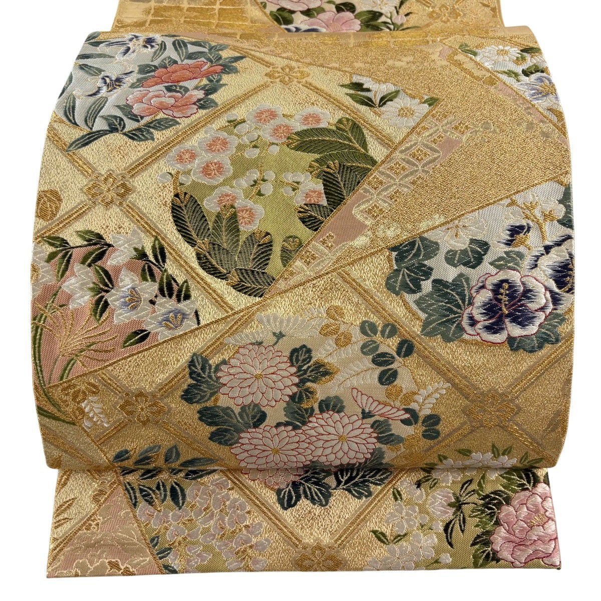 【美品】 袋帶 秀品級 抱一花詩 花丸紋 格天井 唐織 金金箔 金色 六通 純蠶絲