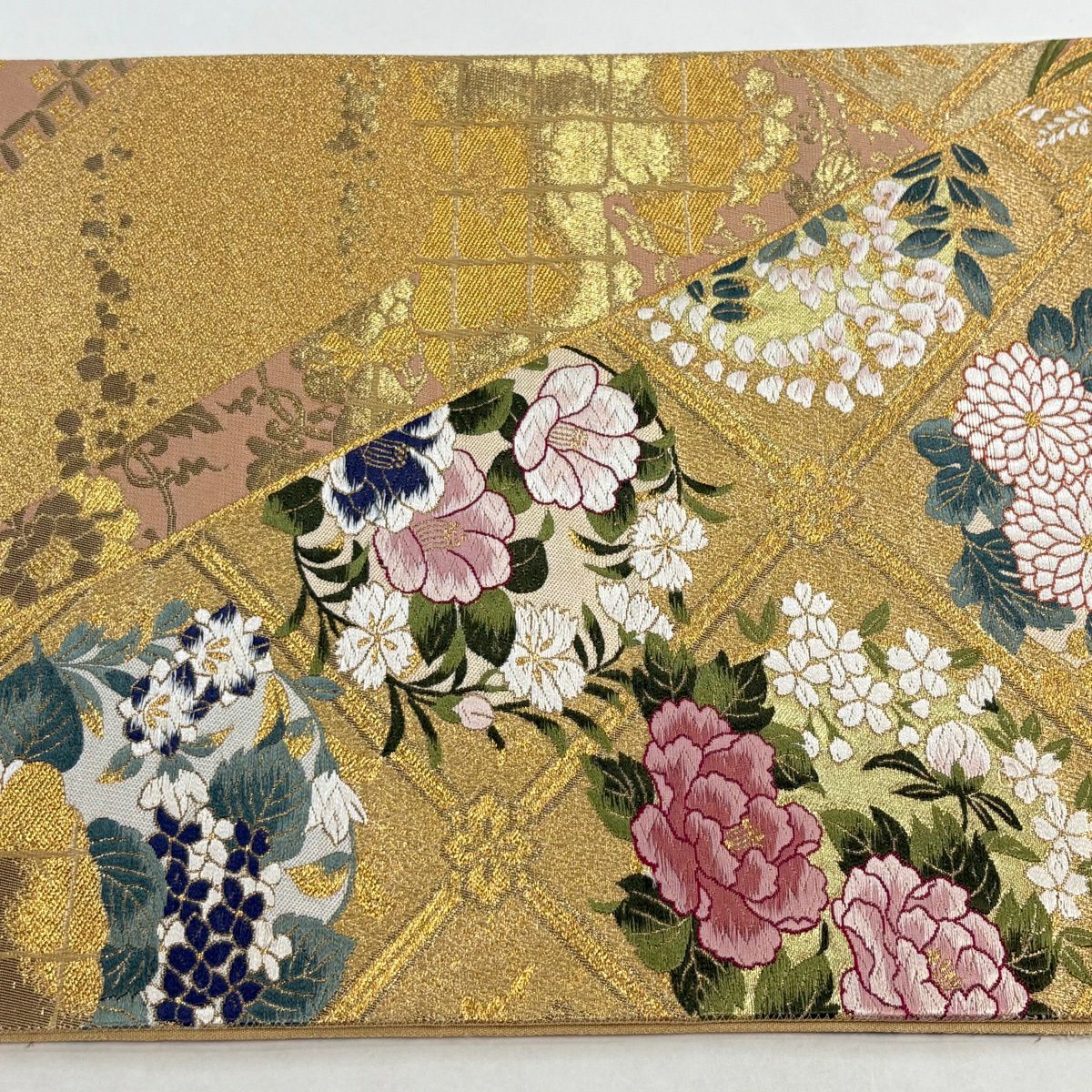 【美品】 袋帶 秀品級 抱一花詩 花丸紋 格天井 唐織 金金箔 金色 六通 純蠶絲