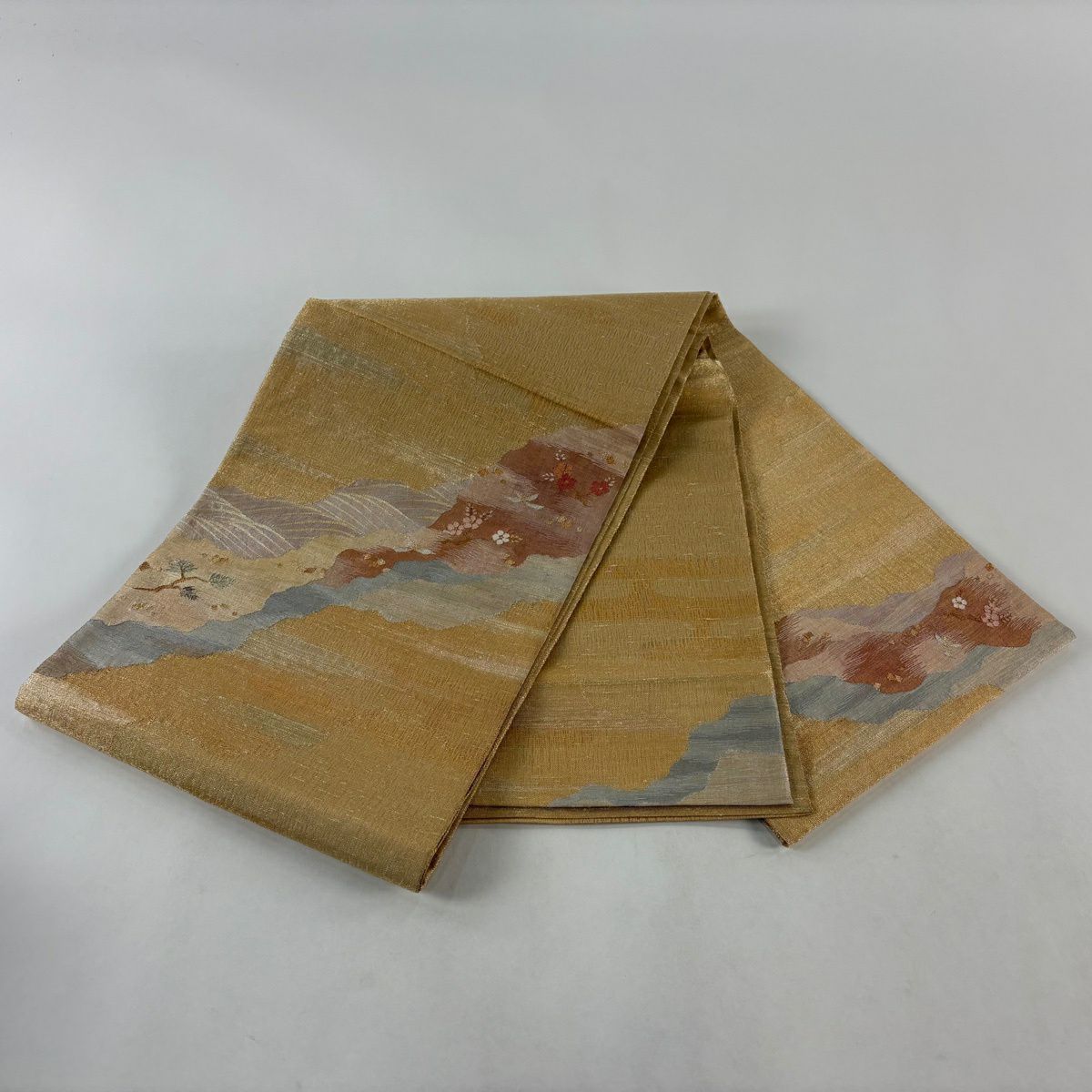 【美品】 袋帶 秀品級 枝梅花 道長取 金銀線 淺橙色 大鼓圖案 純蠶絲