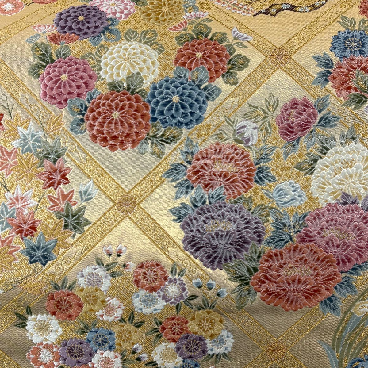 袋帶 秀品級 關西仕立 雜天井 草花紋 金色 六通 純蠶絲