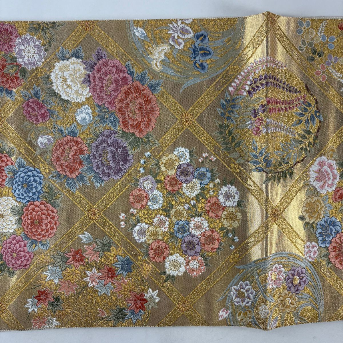 袋帶 秀品級 關西仕立 雜天井 草花紋 金色 六通 純蠶絲