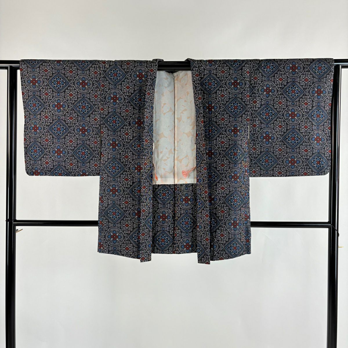 紬織 身長160.5cm 袖長64cm M 雙層 套裝 花 幾何圖案 黑灰 純蠶絲 優品級