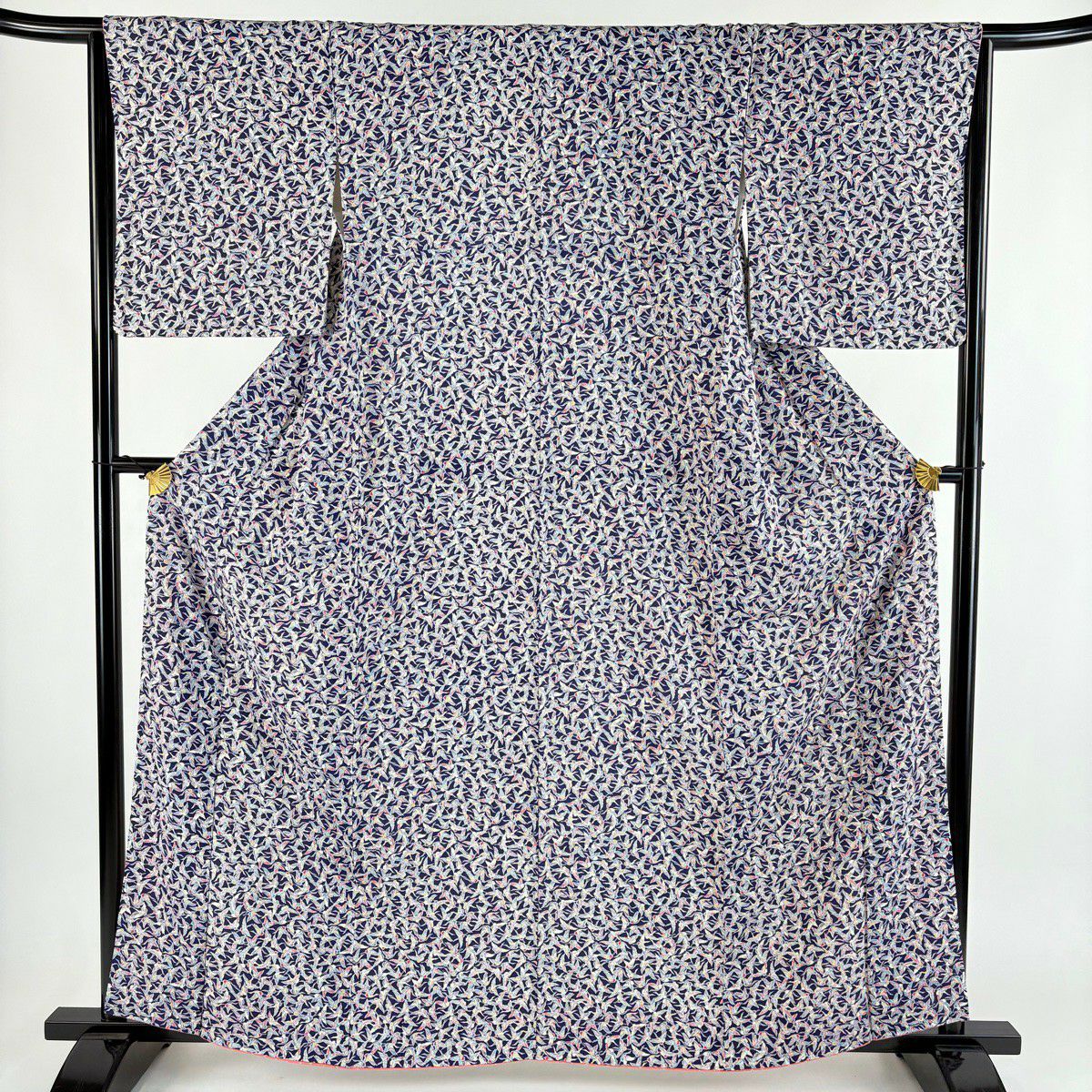 【美品】 小紋 身長161cm 袖長65cm M 雙層 鳥 深藍 純蠶絲 優品級