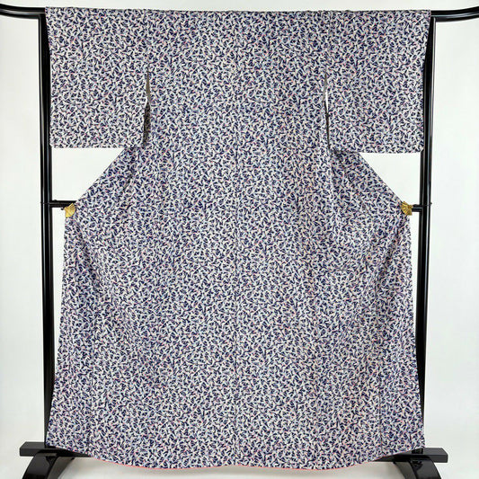 【美品】 小紋 身長161cm 袖長65cm M 雙層 鳥 深藍 純蠶絲 優品級