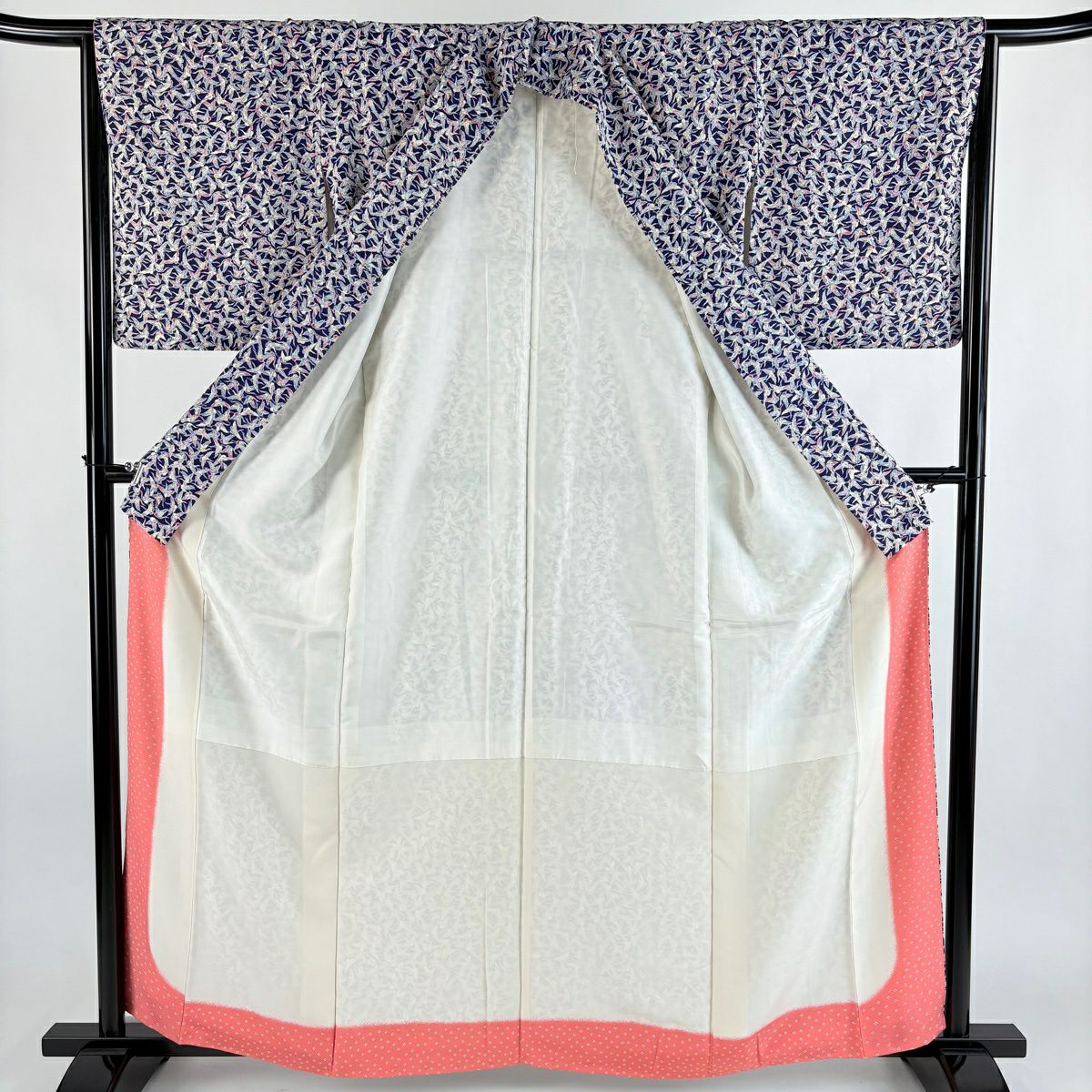 【美品】 小紋 身長161cm 袖長65cm M 雙層 鳥 深藍 純蠶絲 優品級