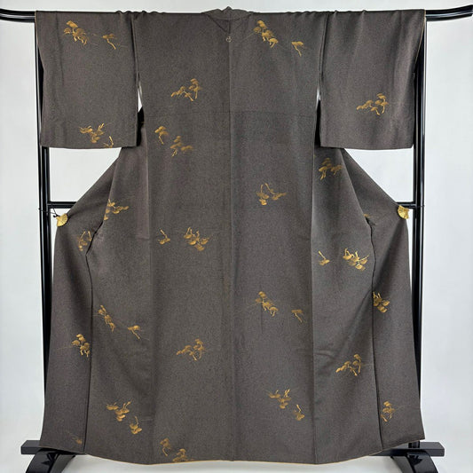 小紋 身長161.5cm 袖長67.5cm L 雙層 松樹 金銀彩 焦茶 純蠶絲 優品級 一つ紋