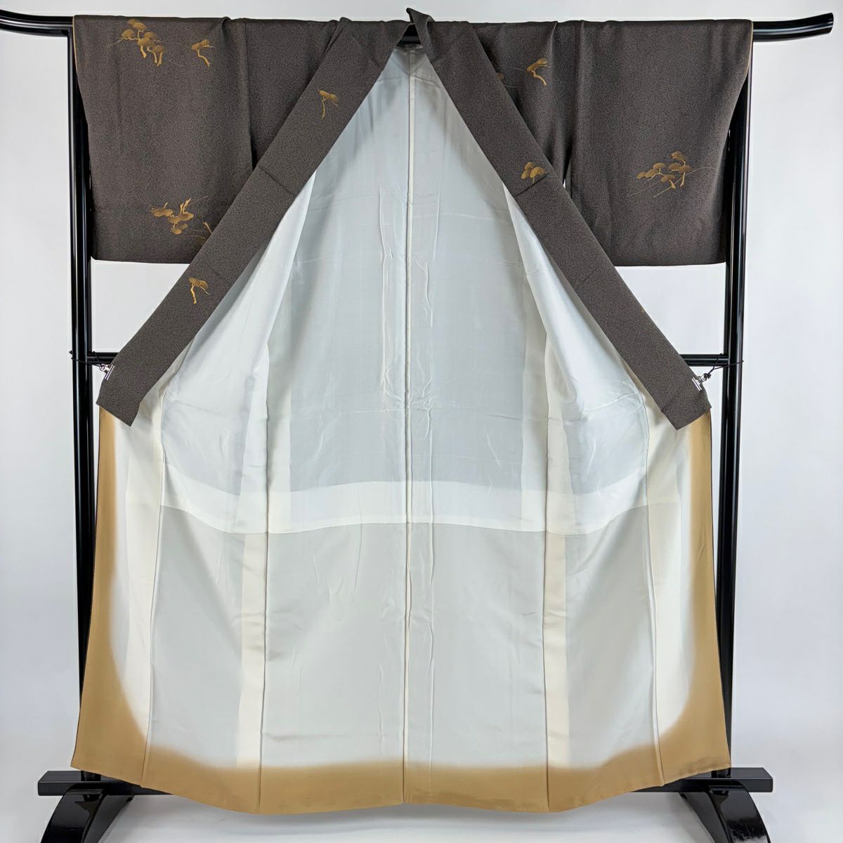 小紋 身長161.5cm 袖長67.5cm L 雙層 松樹 金銀彩 焦茶 純蠶絲 優品級 一つ紋