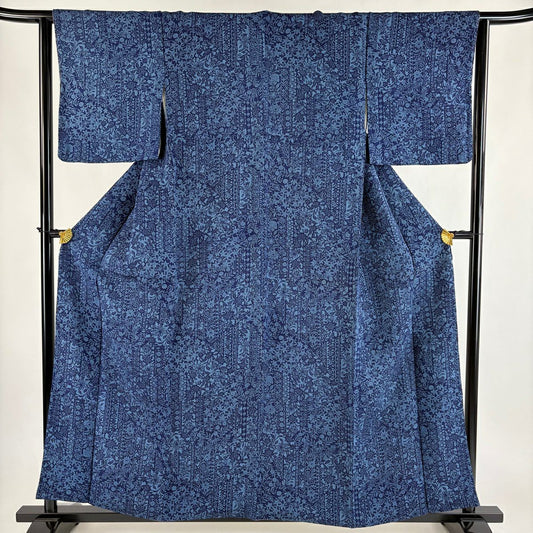 小紋 身長156.5cm 袖長64cm M 雙層 草花紋紋 幾何學 絞染 深藍 純蠶絲 優品級