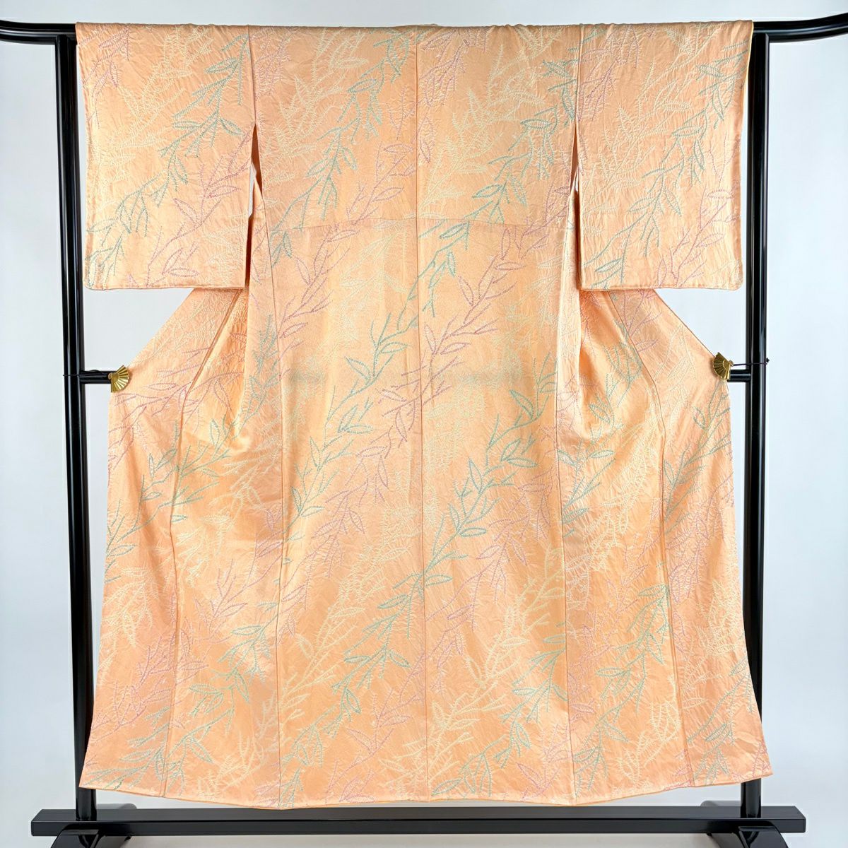 【美品】 小紋 身長151cm 袖長63cm S 雙層 葉柄 絞染 淺橙色 純蠶絲 優品級