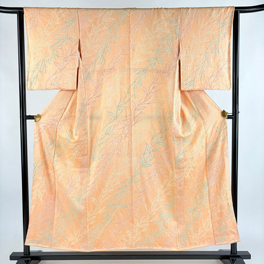 【美品】 小紋 身長151cm 袖長63cm S 雙層 葉柄 絞染 淺橙色 純蠶絲 優品級