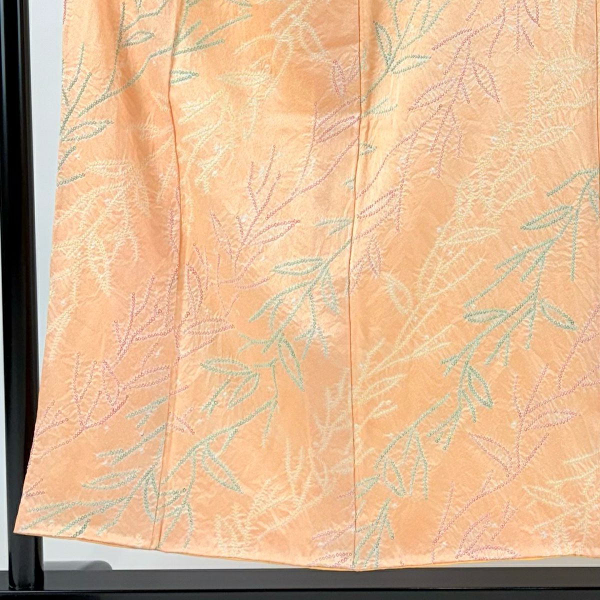 【美品】 小紋 身長151cm 袖長63cm S 雙層 葉柄 絞染 淺橙色 純蠶絲 優品級