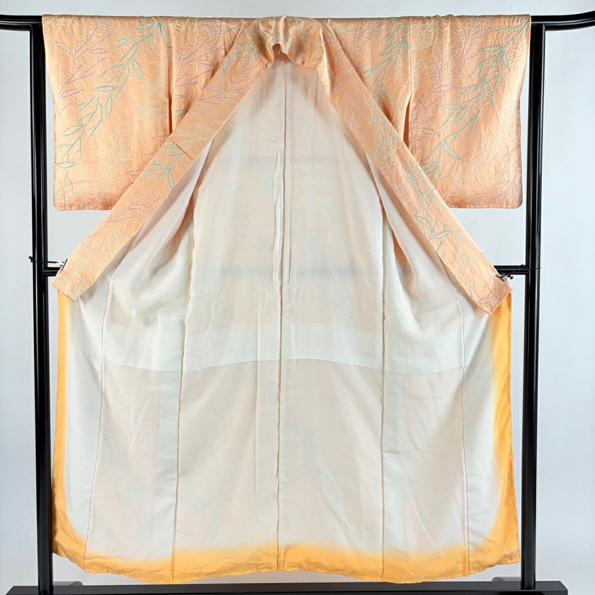 【美品】 小紋 身長151cm 袖長63cm S 雙層 葉柄 絞染 淺橙色 純蠶絲 優品級