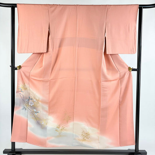 【美品】 付下 身長152cm 袖長62cm S 雙層 枝花 草花紋紋 金彩裝飾 漸層 粉紅 純蠶絲 優品級
