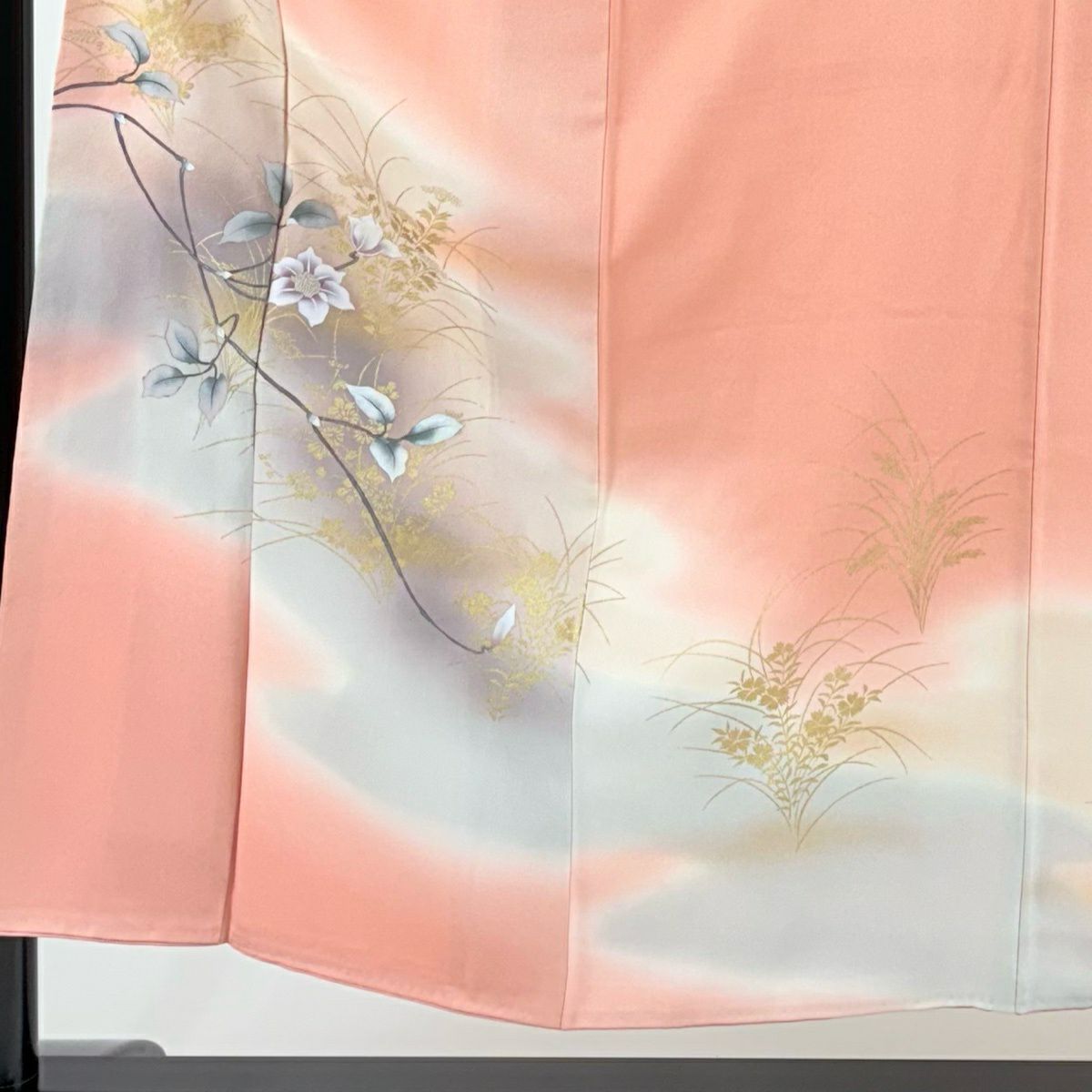 【美品】 付下 身長152cm 袖長62cm S 雙層 枝花 草花紋紋 金彩裝飾 漸層 粉紅 純蠶絲 優品級