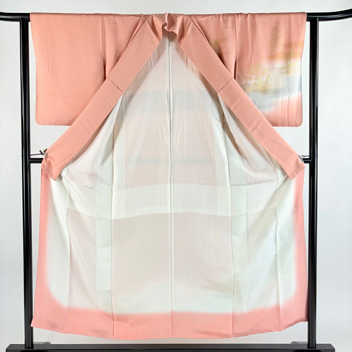 【美品】 付下 身長152cm 袖長62cm S 雙層 枝花 草花紋紋 金彩裝飾 漸層 粉紅 純蠶絲 優品級