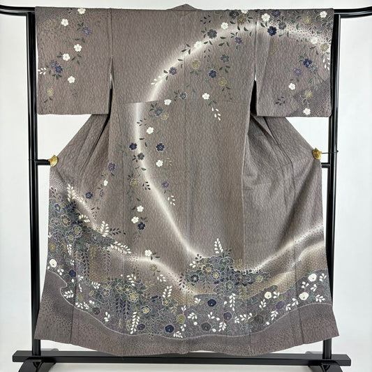 訪問服 身長153cm 袖長64cm M 雙層 辻花染 霞 金銀彩 絞染 茶紫 純蠶絲 優品級